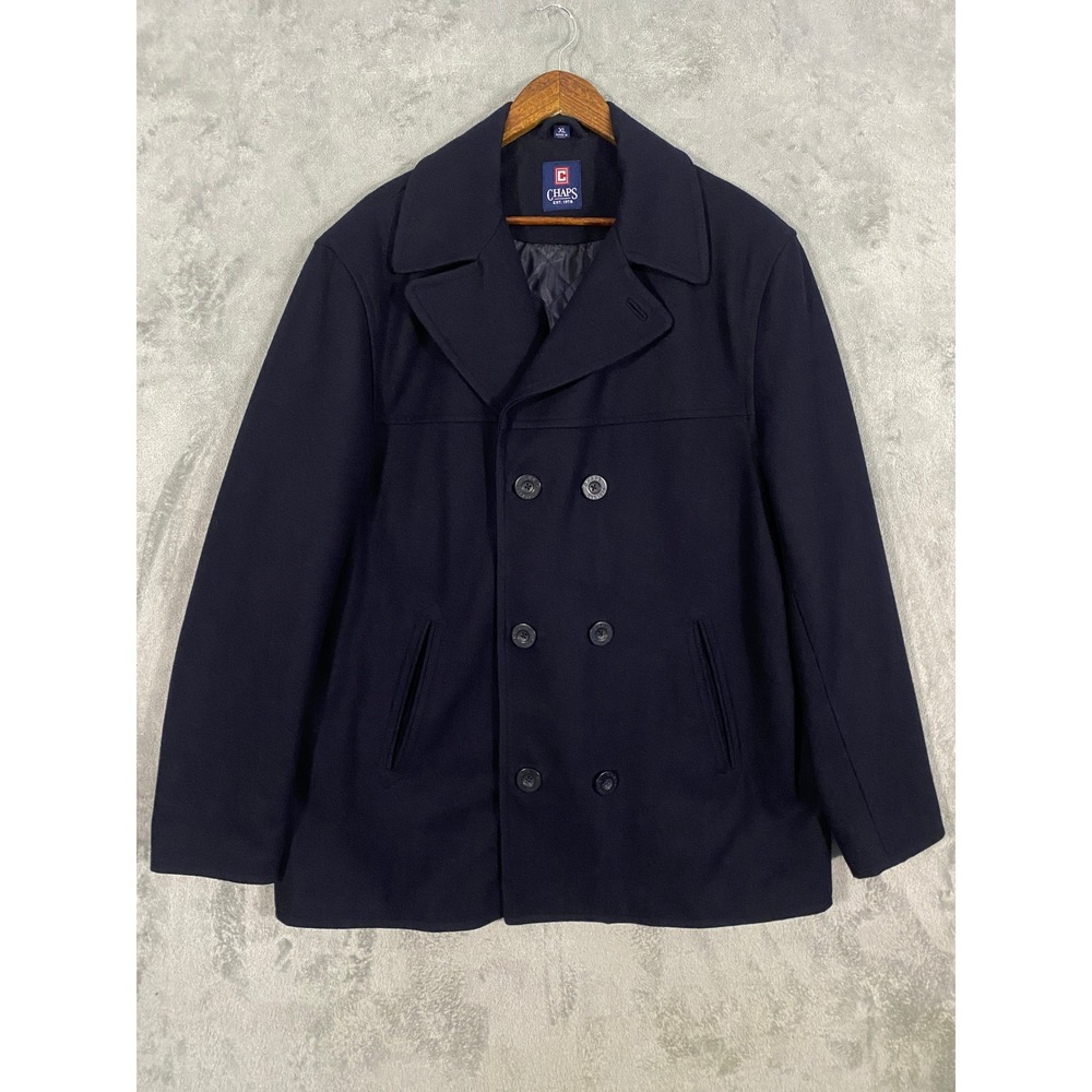 Chaps Pea Coat XL Navy Blue Double Breasted Wool Blend Quilted Lined Nautical